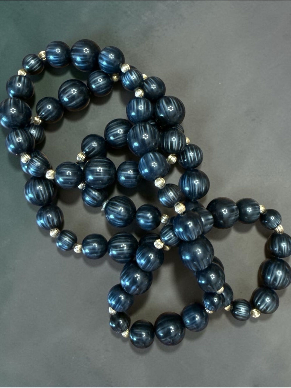 Handmade Black with Silver Striped Beaded Necklace with Gold Accent Beads